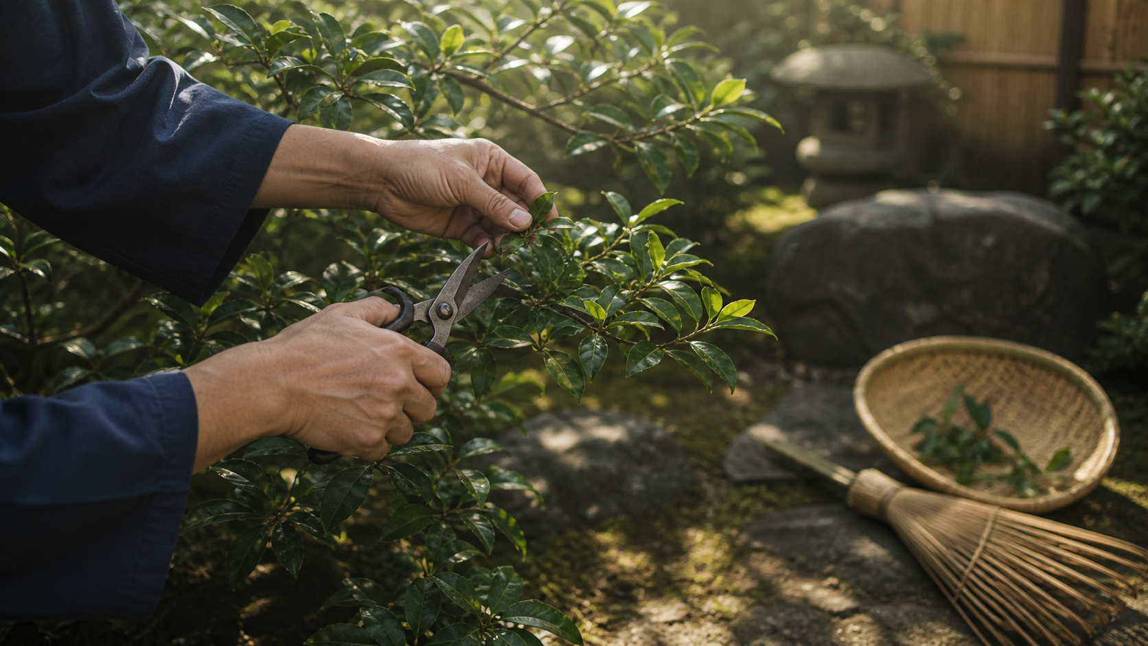 庭師の朝の剪定風景：夏の植物と職人の手元